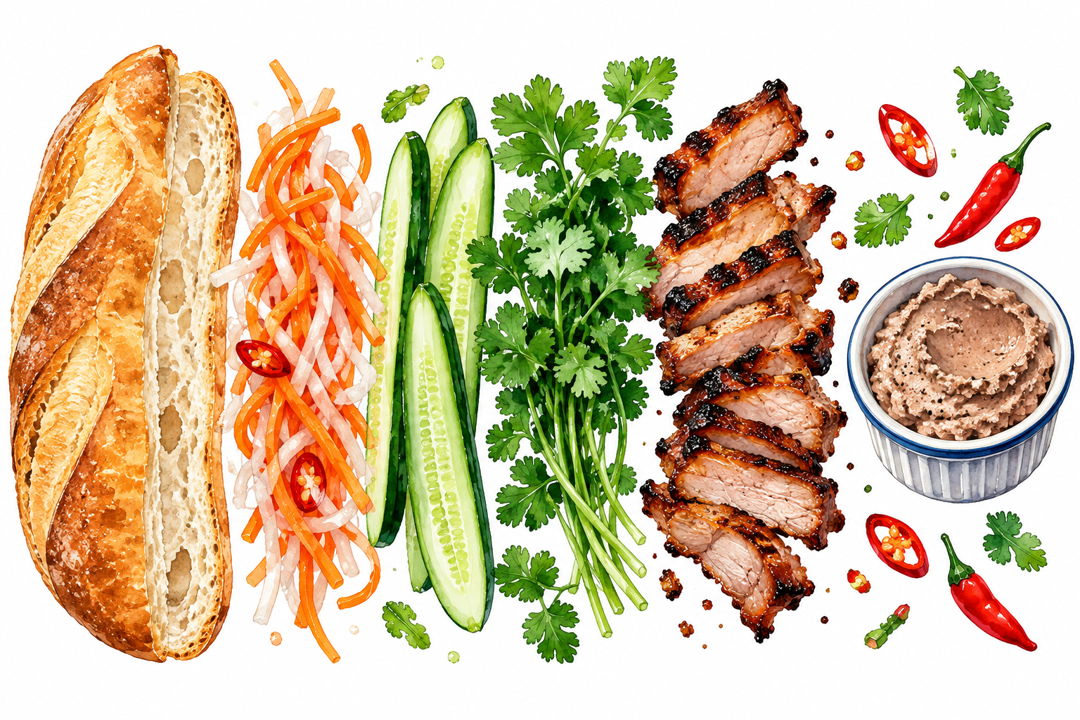 Illustration of banh mi ingredients: baguette, pickled vegetables, herbs, and grilled pork