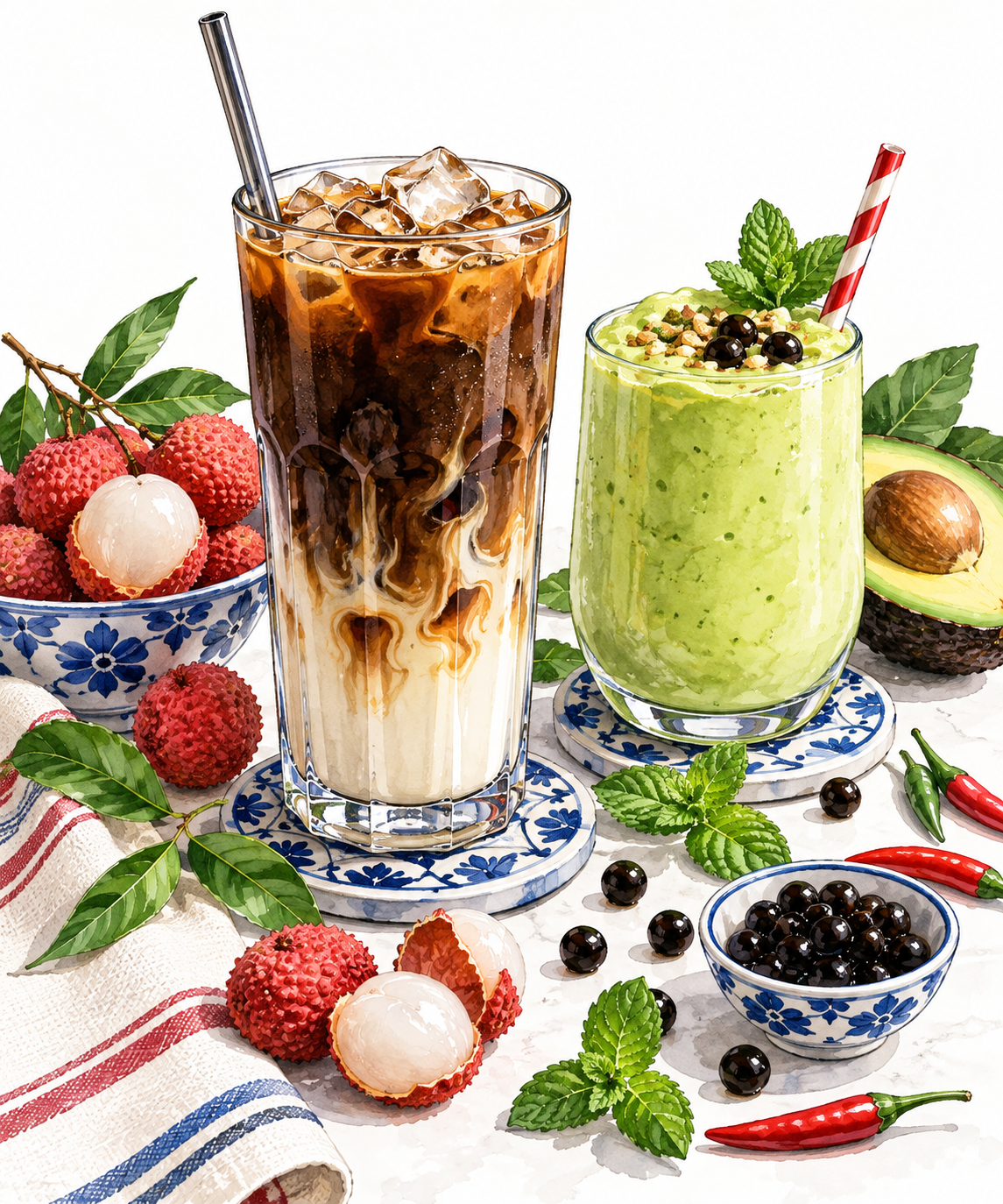 Illustration of Vietnamese iced coffee and a smoothie with tropical fruit